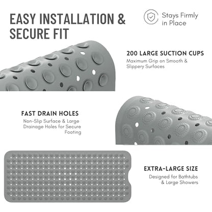 Bathtub Mat Non-Slip – 39" x 15.5" Extra Long Shower Mat with Suction Cups, BPA Free & Machine Washable, Textured Bath Mat for Tub, Ideal for Kids, Seniors & Pregnant Women, Gray - color: Gray