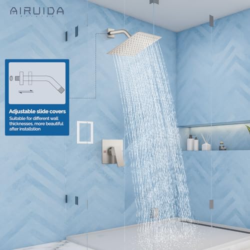 Airuida Brushed Nickel Shower Faucet Set,8 Inch Shower Valve Kit | Square Showerhead,Female Thread Rough-in Valve,Bathroom Rain Shower System,Single Function Handle - color: Brushed Nickel