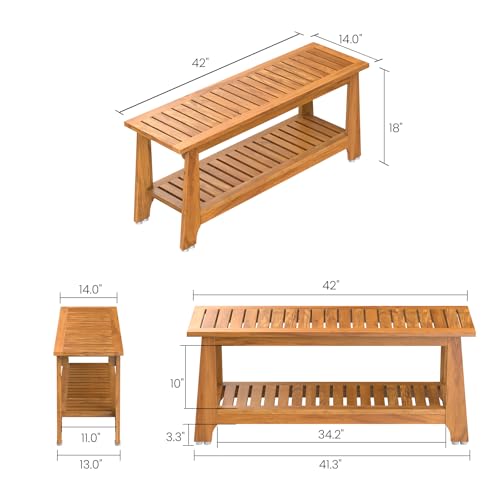 NNN 42" Commercial Heavy Duty Teak Shower Bench, Patented, Non-Slip Stable | with 8 Japan-Made Non-Slip Leveling Feet, Mortise-Tenon Legs 350lb, Pre-Oiled European Teak Oil, Marine-Grade Hardware - size: 42"W x 14" Dx 18"H