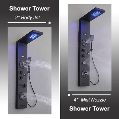 Black Shower Panel Tower System LED Rainfall Waterfall Head | 6 Functions,Rain Massage,Body Jets,Handheld Shower,Tub Spout,Temperature Display,Wall Mount, Stainless Steel Shower Panel - color: Matte Black, style: Shower Panel-LED