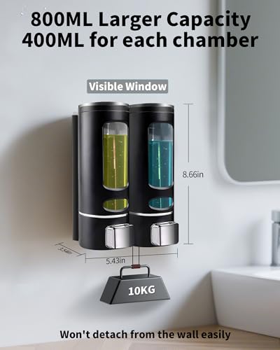 Shampoo and Conditioner Dispenser - 800ML Wall-Mounted Shower Shampoo Dispenser No Drill Body Wash Soap Dispenser for Shower, Bathroom, Hotel (2 Chamber) - size: 800ML