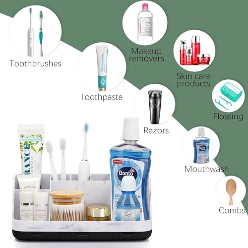 GFWARE Marble Bathroom Countertop Organizer - Detachable 7 Slots Kids Electric Toothbrush and Toothpaste Holde Drainage for Bathroom Accessories Organization Counter Vanity Storage, Black | Detachable 7 Slots Kid Electric Toothbrush and Toothpaste Holder,