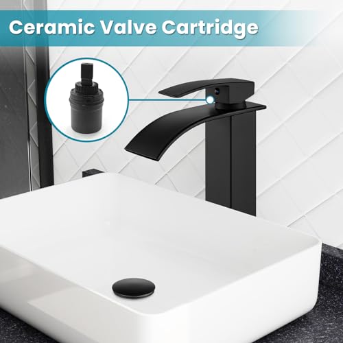 gotonovo Waterfall Tall Bathroom Faucet 1 Hole No Drain, Matte Black | Modern Vessel Sink Faucet Single Handle 304 Stainless Steel,24” cUPC Supply Hoses,for Bowl Basin Lavatory Vanity Restroom RV - color: Black