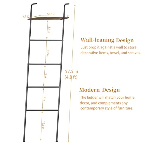 Vrisa Blanket Ladder Wall Leaning Blanket Rack Farmhouse 5-Tier Metal Blanket Holder with Shelf Bath Towel Storage for Bathroom Quilt Bedroom Living Room Pool Black