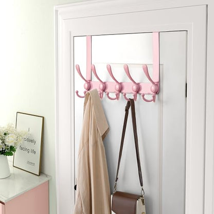 Over Door Hook 2.0 - Upgraded Version - Simple-Assembly, Strong, Heavy-Duty Stainless Steel 5-Tri-Hook Over The Door Hanger Rack, SimpleStrong Series, Pink, Pack of 2 - color: Pink