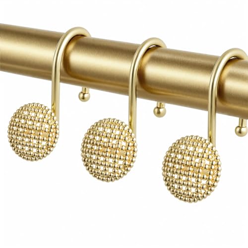 Pearlbee Gold Shower Curtain Hooks, 12Pcs Rustproof Heavy Duty Zinc Alloy | Round beaded design, 4mm zinc alloy, rustproof, anti-drop, smooth glide, easy install, Modern Decorative, matte gold - color: Gold