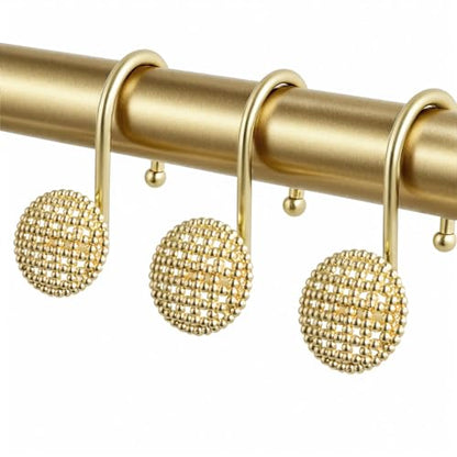 Pearlbee Gold Shower Curtain Hooks, 12Pcs Rustproof Heavy Duty Zinc Alloy | Round beaded design, 4mm zinc alloy, rustproof, anti-drop, smooth glide, easy install, Modern Decorative, matte gold - color: Gold