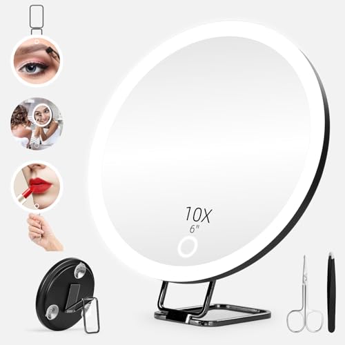 10X Magnifying Mirror with Light, 6" Large Rechargeable 3 Colors Dimming Lighted Magnifying Mirror with 3 Suction Cups and 360° Stand, Travel Tabletop Magnified Makeup Mirror with Tweezers & Scissors