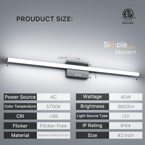 42Inch LED Bathroom Vanity Light Bar 5700K Dimmable Led Bathroom Light Over Mirror Modern Bath Wall Light Cool White ETL Certified 40W - color: 1 Pack - Black 5700k Daylight, size: 42 Inch