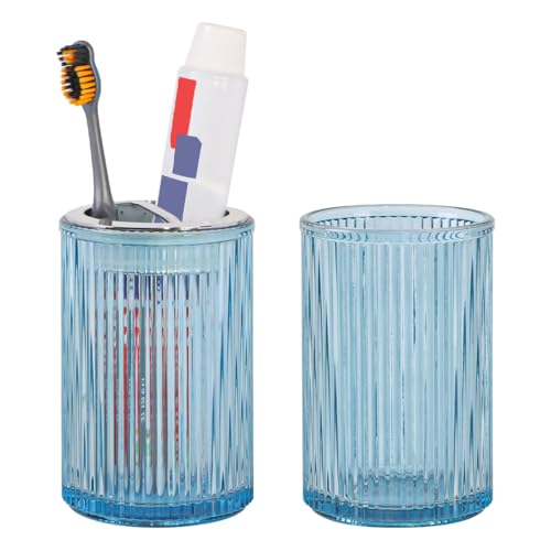 Toothbrush Holders for Bathrooms, 2pcs Glass Toothbrush Holder, 12oz Bathroom Tumbler and Mouthwash Cup, Tooth Brush and Toothpaste Organizer for Bathroom Vanity Countertop (Blue Silver) - color: Blue Silver