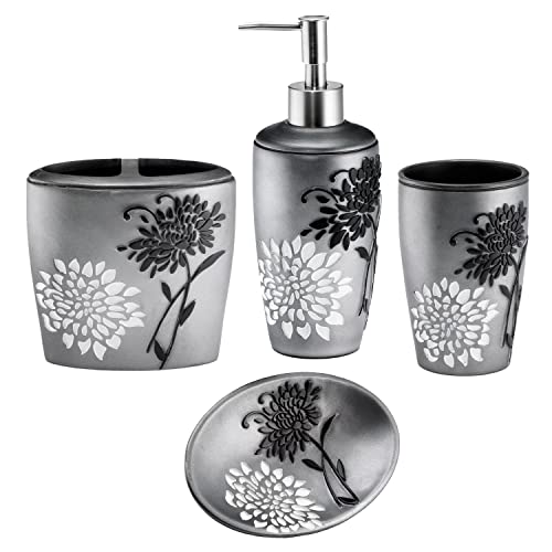 Zahari Home 4pc Erica Bathroom Accessories Sets Modern Classic Soap Dispenser, Tumbler, Tooth Brush Holder and Soap Dish Holder Unique Design Grey Bathroom Set - color: Erica, style: 4 Piece Set