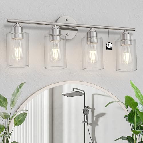 Bathroom Vanity Light Fixtures Brushed Nickel,4 Lights Rustic Farmhouse Vanity Bar Lighting Over Mirror Modern Industrial Wall Sconces Lamp with Cylinder Glass Shade - color: Brushed Nickel, size: 4 Lights