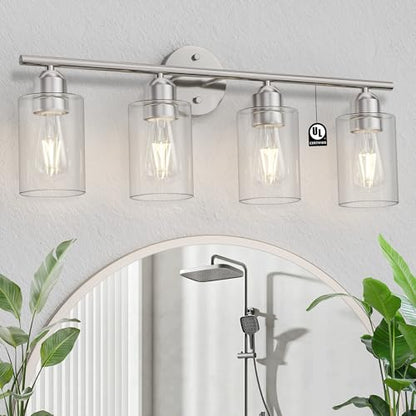 Bathroom Vanity Light Fixtures Brushed Nickel,4 Lights Rustic Farmhouse Vanity Bar Lighting Over Mirror Modern Industrial Wall Sconces Lamp with Cylinder Glass Shade - color: Brushed Nickel, size: 4 Lights