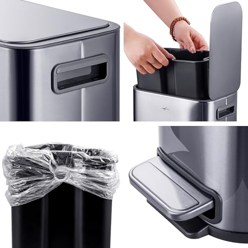 RED FACTOR Slim 1.3 Gallon Stainless Steel Pedal Trash Can with Soft Close Lid for Narrow Spaces – Small Wastebasket Bin with Removable Inner Bucket (Metallic Grey) - color: Metallic Gray