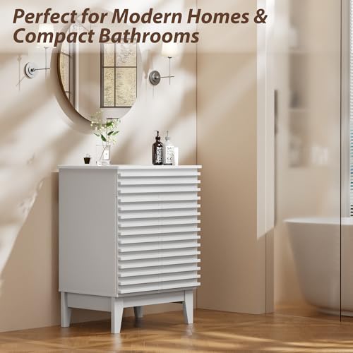 APRILSOUL 24" Bathroom Vanity with Ceramic Sink, Mid-Century Bathroom Vanity Cabinet with 2 Soft Closing Doors, Freestanding Bathroom Cabinet, Particleboard Frame with Wood Grain Laminate, White - color: White/ White Sink, size: 24 Inch
