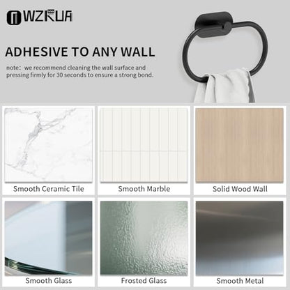 Adhesive Towel Holder for Bathroom Matte Black No Drill Hand Towel Ring Stainless Steel and Zinc Alloy Self Adhesive Towel Hanger for Bath, Kitchen - color: Matte Black