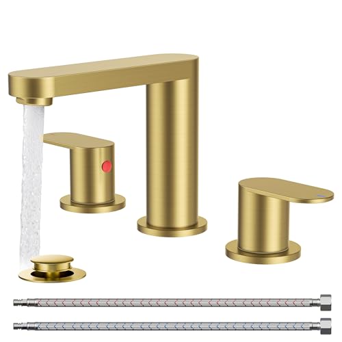 QFN Bathroom Faucet 3 Hole 8" Widespread Vanity Sink Faucet Brushed Gold | 304 Stainless Steel Bathroom Sink Faucet with Pop-up Drain, 6-12 Inch 3 Hole Install, for RV Laundry Farmhouse Restroom Sink - color: Brushed Gold, style: Round