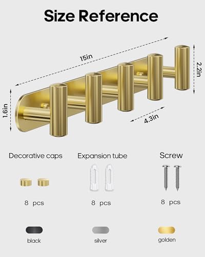 Optish 2 Pack Coat Rack Wall Mount, Bathroom Towel 5 Hooks, Heavy Duty Coat Hooks for Robe, Bag, Key, Hat, Hook Rack Hanger for Entryway, Bedroom, Gold - color: Gold
