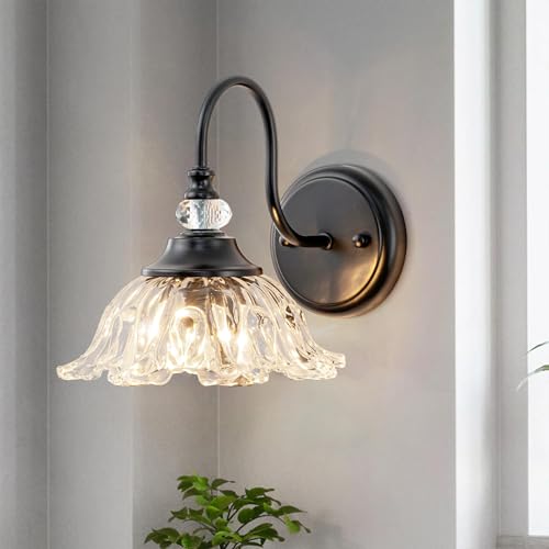 1-Light Black Vintage Wall Sconce, Flower Glass Shade Wall Mounted Light Fixture, E26 Base Farmhouse Vanity Lighting for Bathroom Bedroom Hallway Entryway