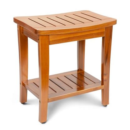 16" Compact Teak Shower Bench with Shelf, Premium Teak Shower Stool, Durable Waterproof Seat for Inside Shower, Solid Teak Wood Bench for Bathroom, Indoor & Outdoor Use - size: 16" W x 11" Dx 17" H