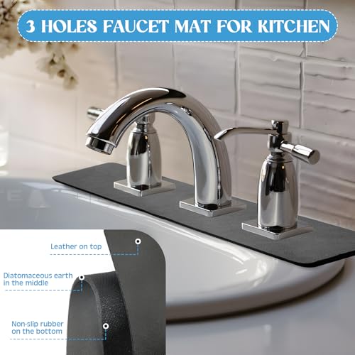 Tioncy 2 Pcs 3 Hole Faucet Mat for Kitchen Sink Kitchen Faucet Absorbent Mat Splash Catcher Sink Drip Catcher for Bathroom Counter(Square Hole,Dark Gray)