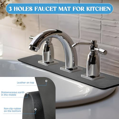 Tioncy 2 Pcs 3 Hole Faucet Mat for Kitchen Sink Kitchen Faucet Absorbent Mat Splash Catcher Sink Drip Catcher for Bathroom Counter(Square Hole,Dark Gray)
