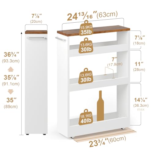 TEAMIX Wood 4-Tier Slim Rolling Storage Cart, 7.9"W, 24.8"D, 36.7"H, White | Height Adjustable, 360°Swivel Wheels, Deeper & Taller, Use as Narrow Kitchen Cart, Laundry Organizer Between Washer & Dryer - color: White