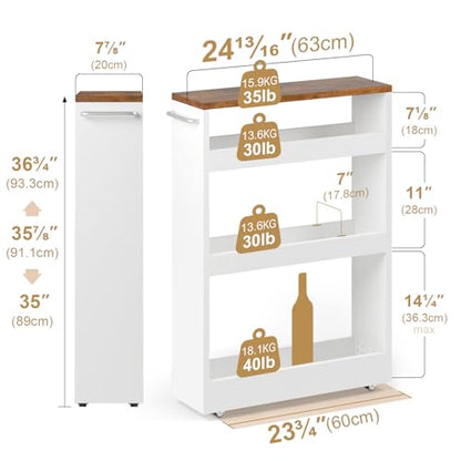 TEAMIX Wood 4-Tier Slim Rolling Storage Cart, 7.9"W, 24.8"D, 36.7"H, White | Height Adjustable, 360°Swivel Wheels, Deeper & Taller, Use as Narrow Kitchen Cart, Laundry Organizer Between Washer & Dryer - color: White