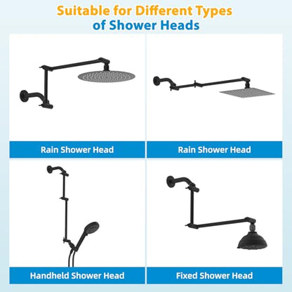 All-Metal 16" Shower Head Extension Arm, G1/2" Universal/Adjustable, Black | Flexible Brass Shower Head Extender Adjustable Height/Angle, Stainless Steel Rain Shower Pipe Height Extended with Lock Joint - color: Matte Black, size: 16 Inch