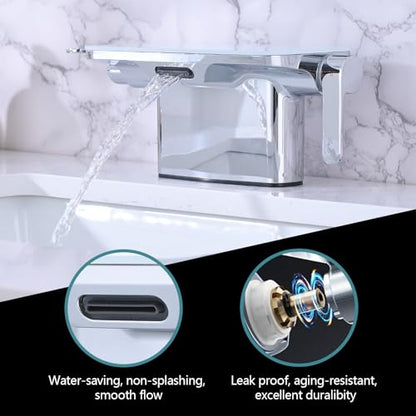 Waterfall Bathroom Faucet, 4 Inch Centerset Bathroom Sink Faucets, 2 Handle Bathroom Faucets for Sink, Modern Rv Lavatory Vanity Faucet with Pop Up Drain and Supply Hoses, Chrome