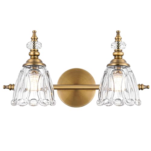 Brass Vanity Light, Vintage Brushed Gold Bathroom Light Fixtures, 2 Light Bathroom Vanity Lights, Flower Glass Shade Wall Sconce Lighting - color: Brass, size: 2 light