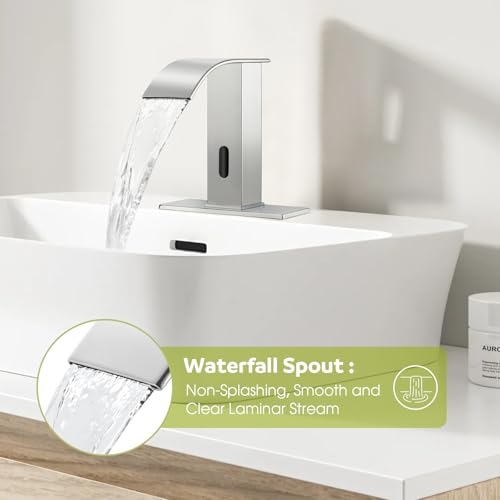 Automatic Motion Sensor Faucet with Waterfall Spout,Stainless Steel Sink Faucet with Hole Cover Plate (Regular, Chrome) - color: Chrome, size: Regular Waterfall