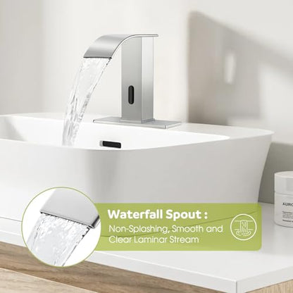 Automatic Motion Sensor Faucet with Waterfall Spout,Stainless Steel Sink Faucet with Hole Cover Plate (Regular, Chrome) - color: Chrome, size: Regular Waterfall