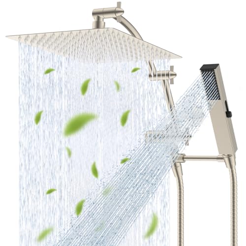 Hibbent All Metal CUPC Certified 12'' Rainfall Shower Head, Dual Shower Head Combo, High Pressure Handheld 4 Sprays Shower Wand, 16'' Adjustable Extension Arm, 71'' Hose, Shower Holder, Brushed Nickel - color: Brushed Nickel, style: Square 12''