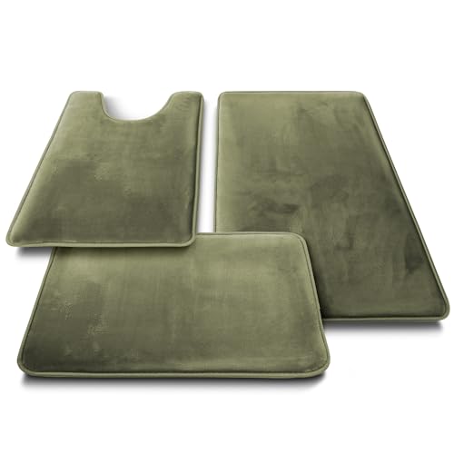 Clara Clark 3 Piece Bathroom Rugs Bath Mat Set, Velvet Memory Foam Bath Mats for Bathroom - Non-Slip, PVC Backing Bath Rugs, Washable - Dries Quickly, Green - color: Sage Green