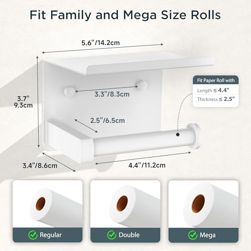 FORIOUS Toilet Paper Holder with Shelf, Adhesive or Screw, White | Wall Mount Toilet Paper Roll Holder for Bathroom, Stainless Steel Commercial Toilet Tissue Roll Dispenser with Phone Shelf - color: White