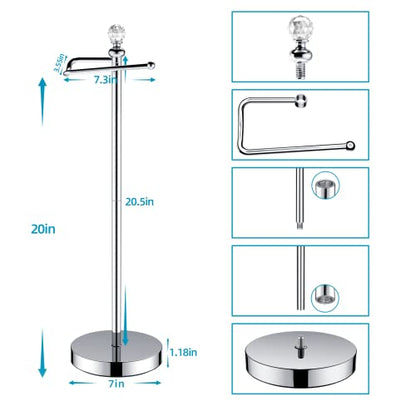 ROLABAM Toilet Paper Holder Stand (with Reserve Function) Free Standing Toilet Paper Holder for Bathroom Total Height 24.4" with Crystal Finial, Chrome Finish - color: Polished Chrome