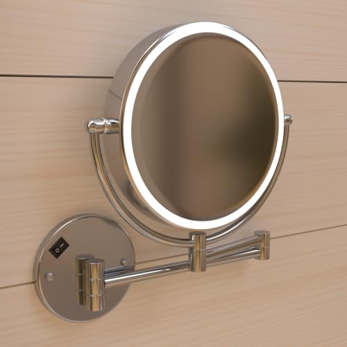Whitehaus Wall-Mounted LED Magnifying Mirror – 8” Dual-Sided Mirror with 7X Zoom, Extendable Arm, Touch-Activated Light, Polished Chrome - color: Polished Chrome