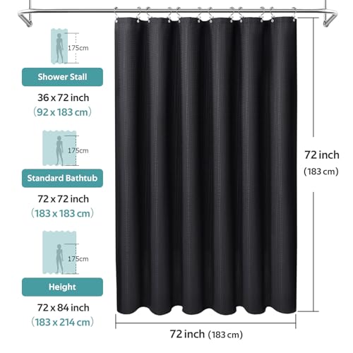 3 in 1 Shower Curtain Set, Waffle Shower Curtain and Liner Set with 12 Double Sided Shower Curtain Hooks, 258GSM Luxury Weighted Cloth Shower Curtains for Bathroom, 72 W x 72 H, Black - color: Black, size: 72"W x 72"L (Pack of 1)