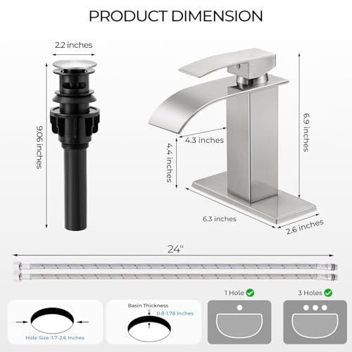 Brushed Nickel Bathroom Faucets, Waterfall Bathroom Sink Faucet | Single Handle, Stainless Steel, Vanity Faucet with Deck Plate, Pop-up Drain, For 1 or 3 Hole, RV, Farmhouse - color: A-Brushed Nickel