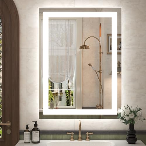 26x36 LED Lighted Bathroom Mirror for Vanity Wall | Front Light and Backlit, Anti-Fog, Memory, 3 Color, Tempered Glass, Dimmable, Rectangular, UL, Horizontal/ Vertical Mounted - color: Rectangular Led Bathroom Mirror, size: 36"L x 26"W