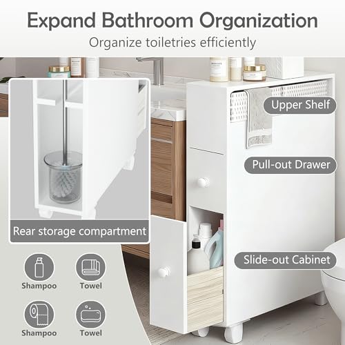 Jerry & Maggie Bathroom Storage Cabinet Movable freestanding Toilet Organizer with Multi Tier Shelves Drawers and Toilet Paper Rack Space Saver for Home Bathroom or Living Room Storage