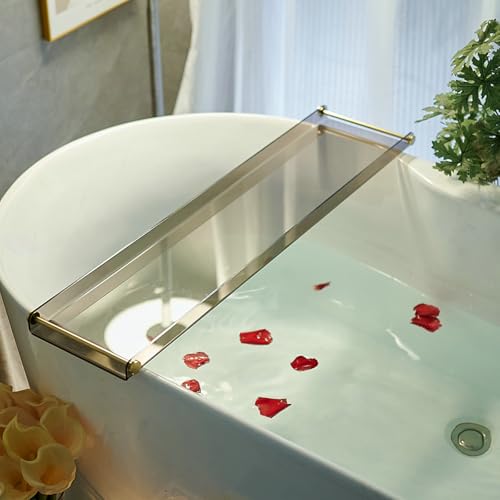 Acrylic Bathtub Tray Caddy, Clear Bath Shelf Tub Rack with Golden Handle | Transparent Black Luxury Bathroom Organizer Tablet Holder for Soap Perfume Skincare, Bath Accessory, Easy to Clean - color: Transparent Black With Handle