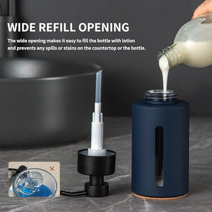 Enra Glass Hand Soap Dispenser,12oz Navy Blue Liquid Bathroom Soap Dispenser with Stainless Steel Lotion Pump for Bathroom Kitchen - color: Blue