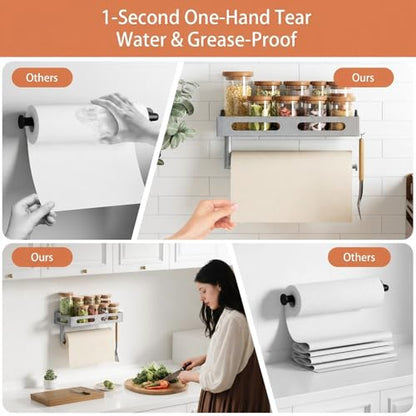Silver Paper Towel Holder Wall Mount with Shelf, Easy One Hand Tear, Adhesive Glue or Drill Mount Hanging Paper Towel Holder with Shelf for Kitchen/Bathroom/RV, Metal, 4 Hooks - color: Silver