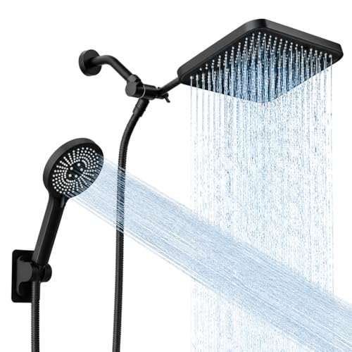 RFOUO 11 Inch Wide Rain Shower Head with Handheld, Matte Black | High Pressure Rainfall, Dual Shower Head Combo with Adjustable Arm, 3-Mode Detachable Handheld Spray,with 59 Inch Hose - color: Matte Black