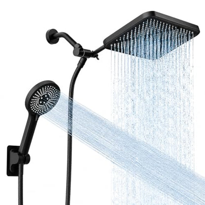RFOUO 11 Inch Wide Rain Shower Head with Handheld, Matte Black | High Pressure Rainfall, Dual Shower Head Combo with Adjustable Arm, 3-Mode Detachable Handheld Spray,with 59 Inch Hose - color: Matte Black