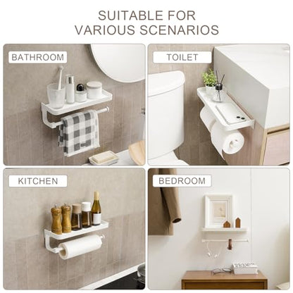 Paper Towel Holder Wall Mount with Shelf, Bathroom/Kitchen Paper Towel Holder, Effortless One-Handed Tear, Rust-Proof Metal for Bedroom - color: White