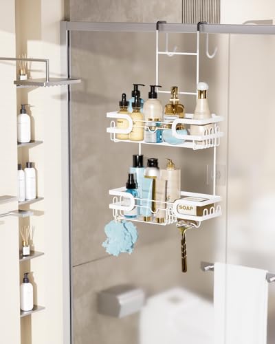 HapiRm Shower Caddy Over Door- Hanging Shower Organizer with 14 Hooks and Soap Holder, Rustproof & Waterproof Stainless Steel Bathroom Shelf - White - color: White
