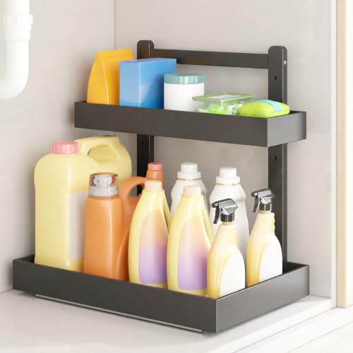 Bamboo Under Sink Organizer, 2-Tier Pull Out Cabinet Organizer | Kitchen Sink Organizer | Bathroom Cabinet Organizer | Cleaning Supply Storage | L-Shape | 3-Level Adjustable | Natural Bamboo - color: Black, size: 1 Pack